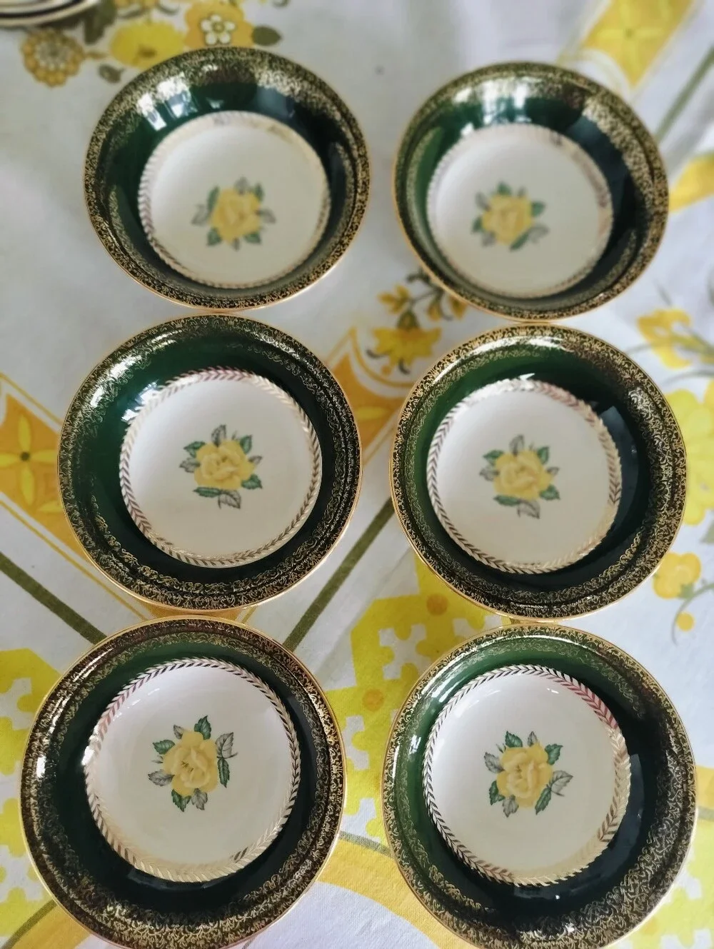 Vntg Homer Laughlin Nautilus 6 Berry Bowls Green Gold Filigree Yellow Rose 1952